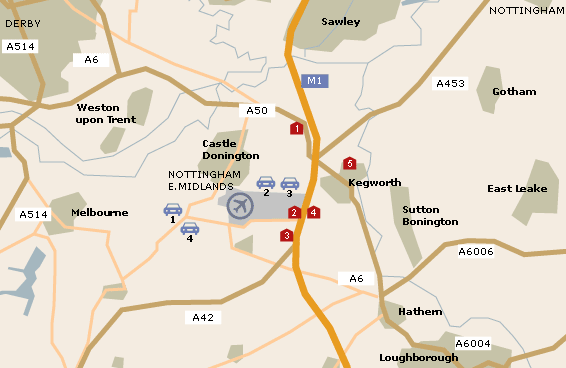 East Midlands Nottingham Airport parking and Hotels map