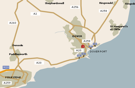 Dover Port parking and Hotels map
