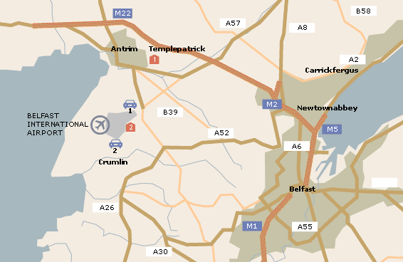 Belfast Airport parking and Hotels map